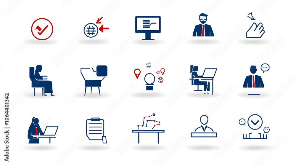 Poster Collection of line style icons representing various elements of live webinars including business meeting team discussion and interview symbols set against a clean white background