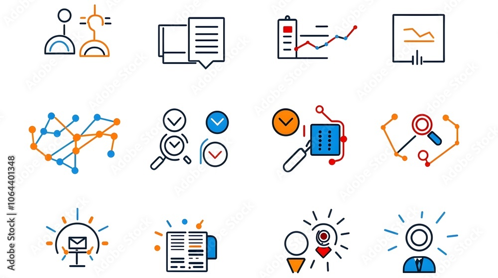 Poster Minimal line icons collection featuring conference team work and discussion symbols on a clean white background  Ideal for workflow concepts