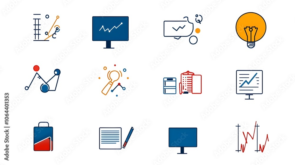 Poster set of minimalist line style icons representing live webinar business meeting classroom and conferen