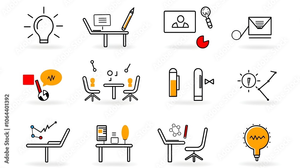 Poster A collection of simple line style icons representing various elements of business meetings webinars and team on a clean white background for a modern and minimalist aesthetic