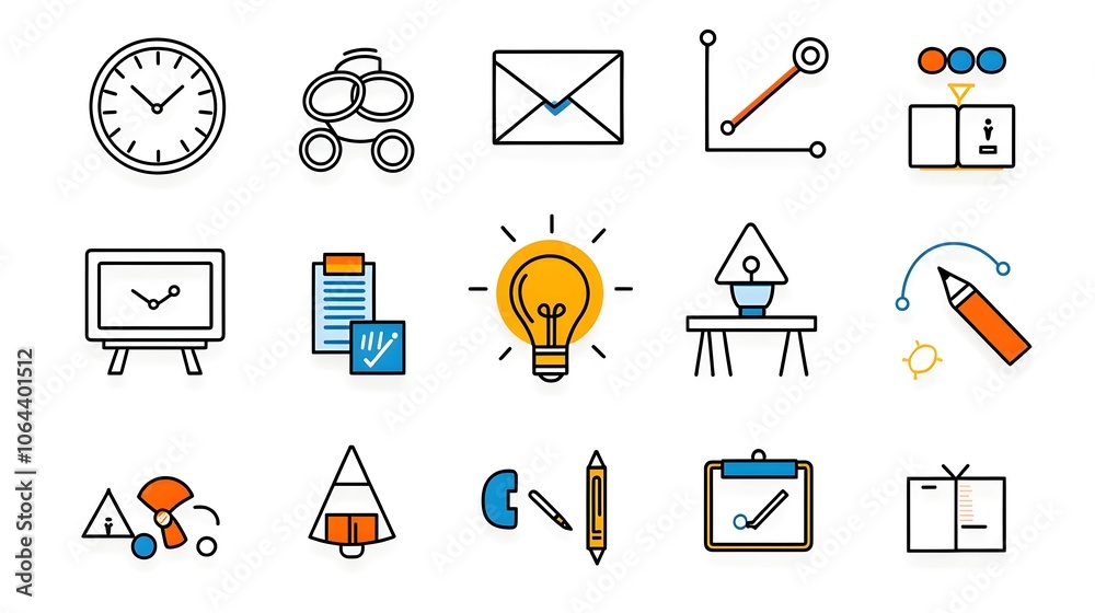 Poster set of line art meeting and icons in a minimalist style depicting symbols for conference classroom t
