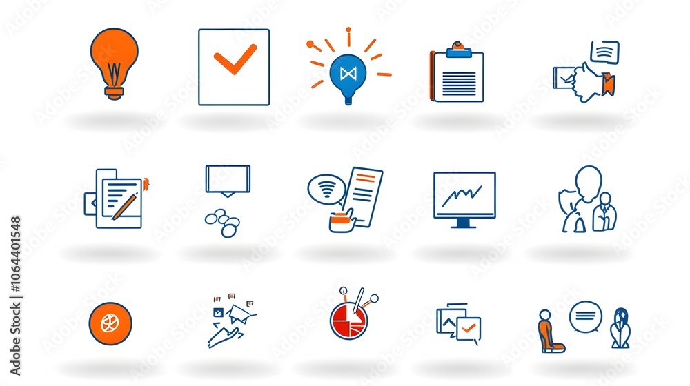 Poster Set of minimalist line style icons representing key elements of a live webinar or business meeting such as team discussion interview and other related symbols on a clean white background