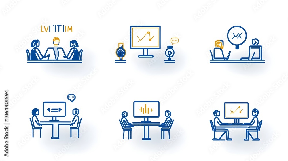 Poster collection of live webinar icons in line style featuring business meeting team and work symbols on a