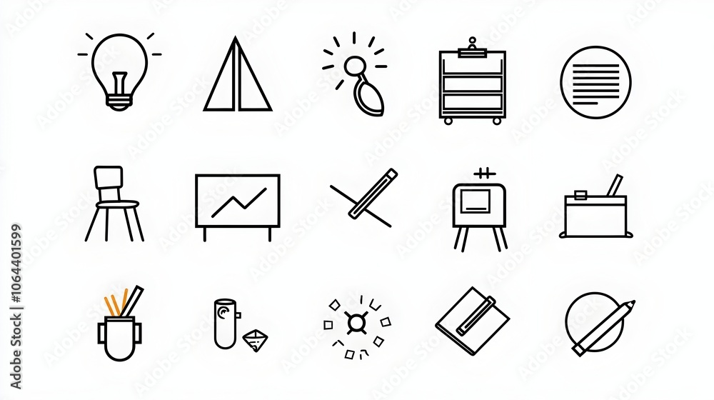 Poster set of minimal line style icons representing conference room classroom and work discussion concepts 