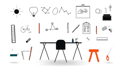 Set of line art style icons representing various meeting related concepts such as conference classroom team office work on a white background