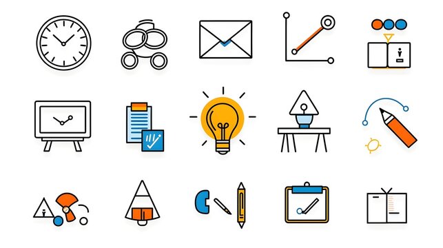 Set of line art meeting and icons in a minimalist style depicting symbols for conference classroom team and work scenarios on a clean white background  Ideal for business presentations