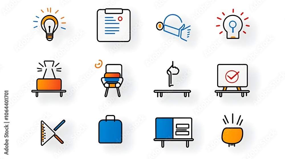 Poster A set of simple line art icons depicting various symbols related to classroom interviews team discussions and professional meetings on a clean white background