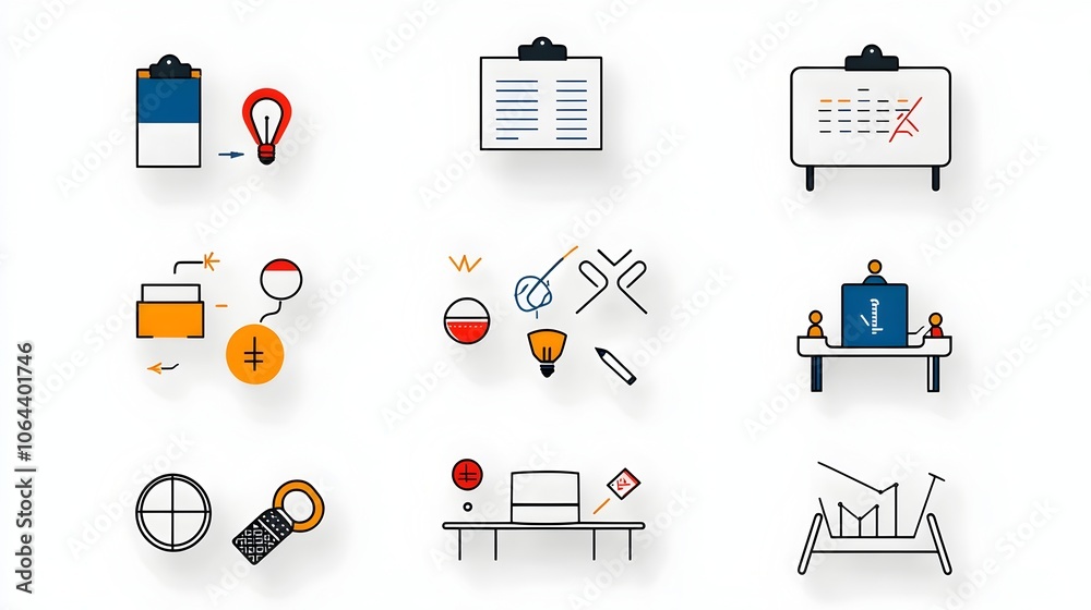 Poster A collection of minimalist line icons representing various elements of conferences meetings and team icons for classroom settings group discussions and workplace activities