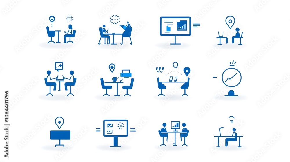 Poster simple line icon set depicting symbols for live webinar business meeting conference and team discuss