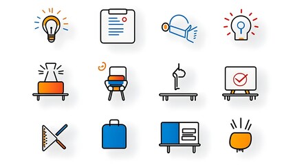 A set of simple line art icons depicting various symbols related to classroom interviews team discussions and professional meetings on a clean white background