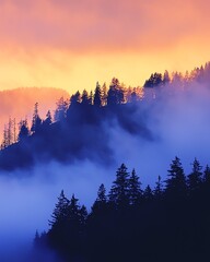Rideaux Sacred mountain silhouettes, spiritual dawn light, ethereal mist tendrils, cosmic morning atmosphere