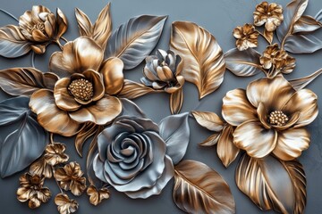 Exquisite painting of lush tropical foliage and colorful blooms against textured stucco background for.