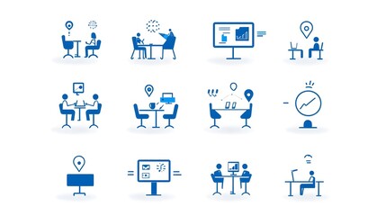 Simple line icon set depicting symbols for live webinar business meeting conference and team discussion on a clean white background  Representing digital corporate productivity