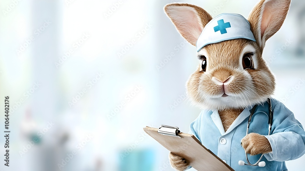 Poster charming of a playful rabbit character wearing a nurse s uniform including a small cap and holding a