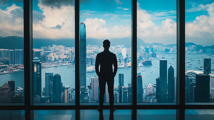 Fototapeta premium A man stands in front of a window looking out at the city
