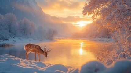 A peaceful snowy landscape at sunrise, a deer grazing gently, soft light casting a warm glow on the snow, and mountains in the background