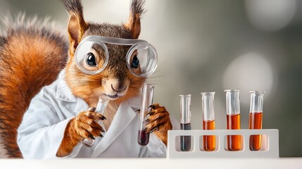 Whimsical watercolor painting of a squirrel wearing a lab coat and goggles holding a test tube showcasing a fusion of nature and scientific curiosity