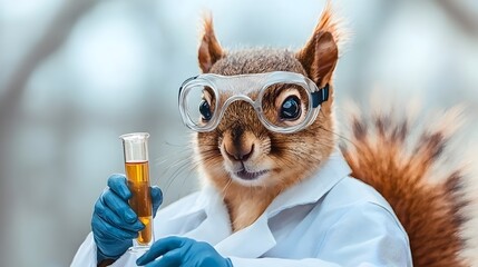Adorable and whimsical squirrel wearing a scientist s lab coat and goggles holding a test tube painted in watercolor on a white background