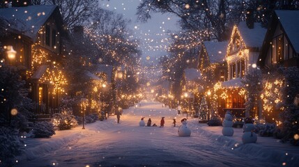 Fototapeta premium A snowy street lined with houses decorated for the season, each with unique lights and ornaments, children building snowmen and enjoying the festive spirit