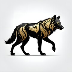 Black and gold wolf on a white backdrop.