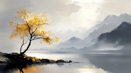 Mountain landscape oil painting with golden trees and lake reflection, artistic nature scenery in detailed brush strokes.