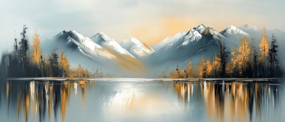 Mountain Landscape Abstract Art with Gold Accents and Reflective Water Acrylic Oil Painting