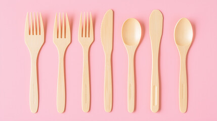 Flat lay of plastic utensils aligned in parallel on a solid color background, drawing attention to single-use items in a clean, symmetrical layout