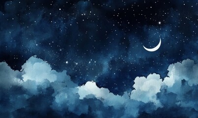 Watercolor Painting of Starry Night Sky with Constellations, Shooting Stars, and Crescent Moon