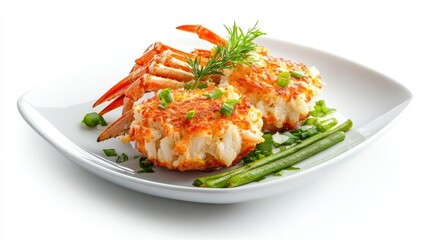 Juicy Crab Cakes with Fresh Garnish on White Plate