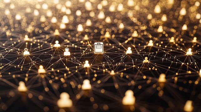 A network of glowing human figures interconnected by lines, with a small clipboard icon at the center.