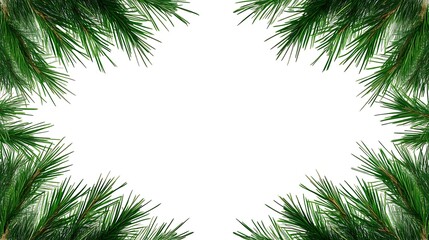 Green Pine Branches Forming a Square Frame on White Background