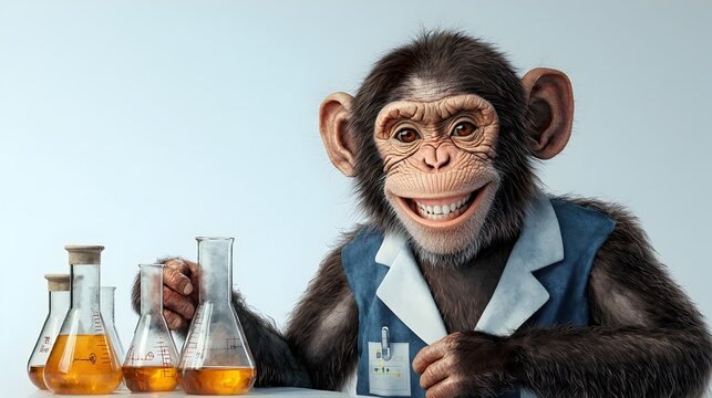 Playful primate scientist in a lab coat and beakers smiling in a whimsical watercolor style on a white background showcasing a creative and take on the theme of scientific discovery and