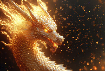 A gold dragon with fiery wings and a glowing eye. The dragon is surrounded by sparks and fire, giving it a fierce and powerful appearance