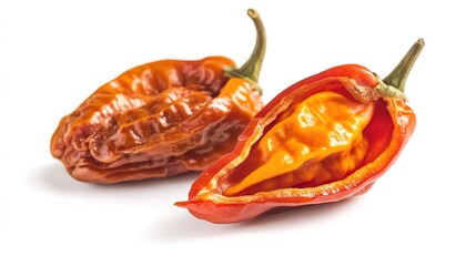Half slice of red hot habanero chili pepper, showcasing its vibrant color and intense heat, placed on a white background, perfect for food, spice, and cooking-related concepts.