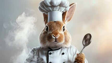 Charming rabbit character in chef s uniform with tall hat and mixing spoon illustrated in light watercolor on a plain white background  Conceptual culinary or cooking themed image