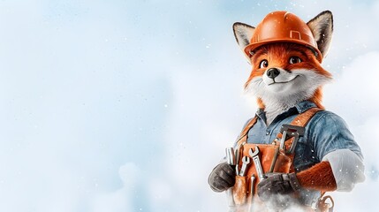 Friendly fox character dressed as a construction worker wearing a hard hat and tool belt created in soft and whimsical watercolor tones on a white background