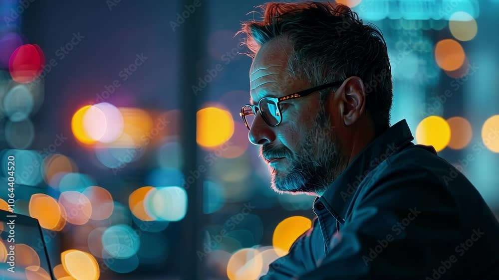 Poster software developer is working late at night on a cybersecurity solution, illuminated by the glow of 