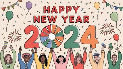 Playful Cartoon-Style 2024 New Year Image with Colorful Confetti and Festive Elements in Vibrant Design
