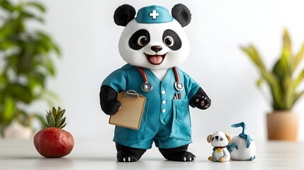 Adorable Panda Character Dressed as a Nurse Holding a Clipboard on a Simple Watercolor White Background Representing Compassionate Healthcare and Childlike Whimsy
