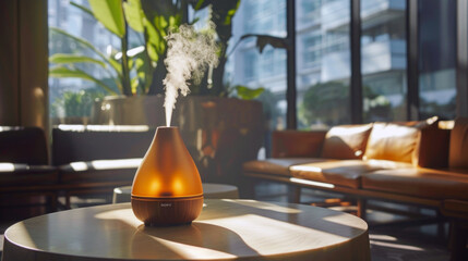 Sunlight illuminates an essential oil diffuser in a hotel lobby, casting a calming atmosphere in a modern and stylish setting.