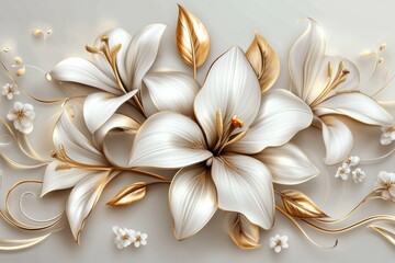 Gorgeous Stucco Lilies in Full Bloom Amid Golden Leaves and Buds on Bright Background