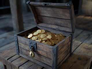 Treasure chest overflowing with gold coins, wooden antique design.