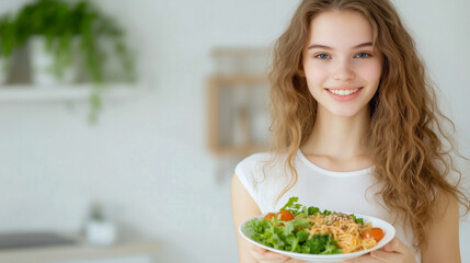 Beautiful smiling woman eating healthy while looking at camera at home 
