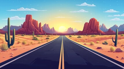 Empty highway road in desert. Sandy desert landscape with road, rocks and cactuses. Summer western american landscape