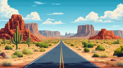 Empty highway road in desert. Sandy desert landscape with road, rocks and cactuses. Summer western american landscape