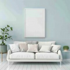 A white sofa with pillows and a blanket in a modern living room with a light blue wall and a white frame mockup, a wooden coffee table, and a plant on a white side table