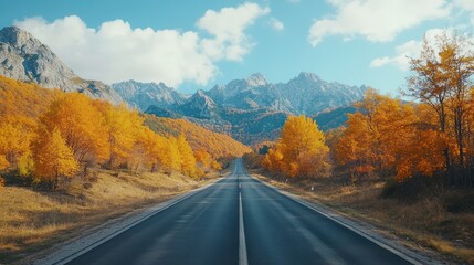 Road in mountains at sunny day in golden autumn. Landscape with empty highway through the mountain
