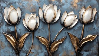 Vivid red tulips in a captivating painting set against a striking blue backdrop
