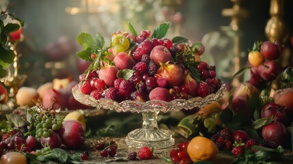 Stunning Still Life of Fresh Fruits and Berries on a Crystal Platter