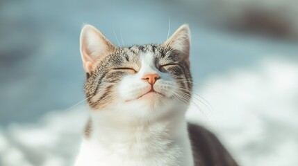 Happy cat with a joyful expression, sitting on a white background, exuding a cheerful and playful vibe, perfect for animal lovers and cat enthusiasts.